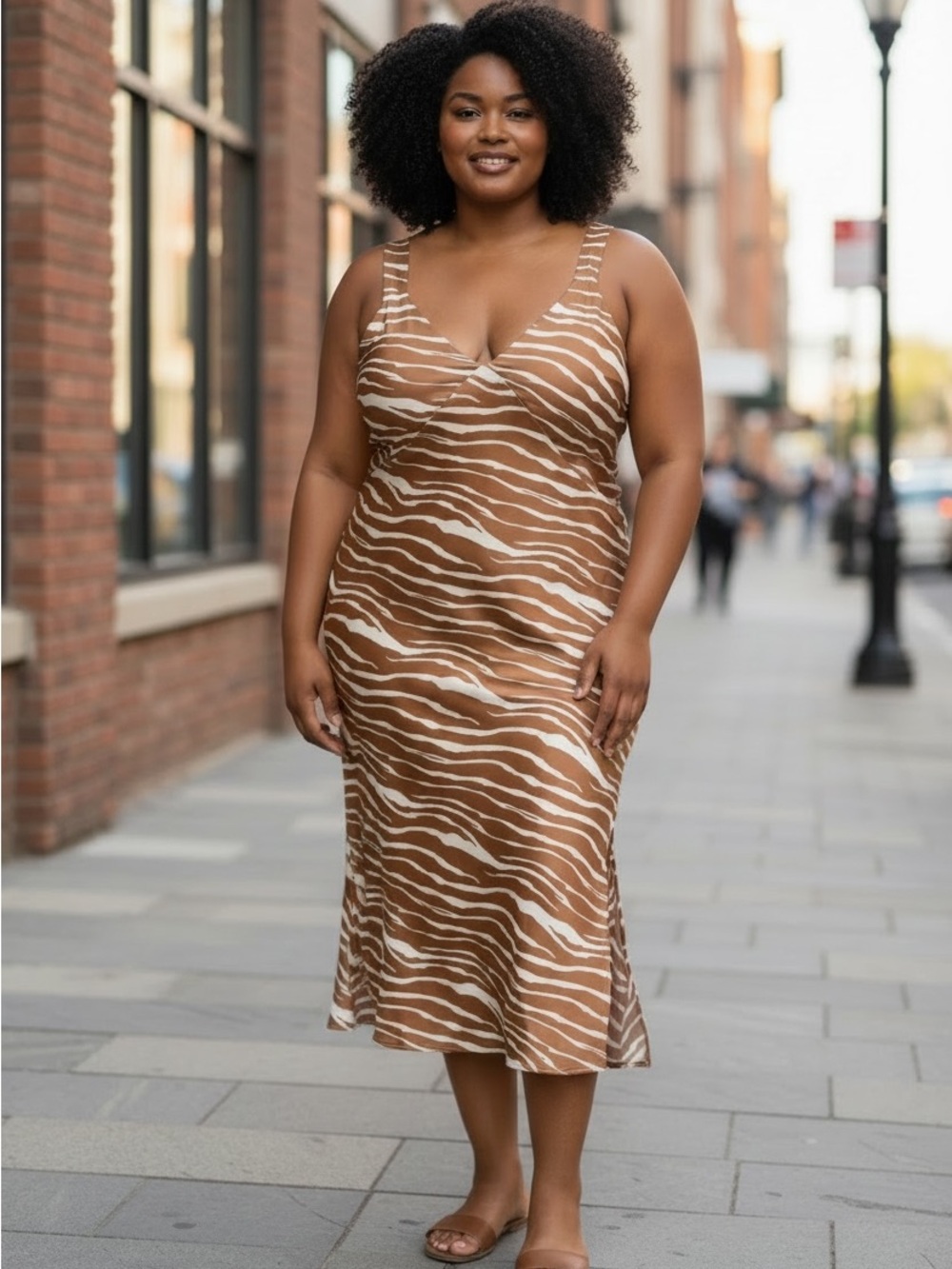 a new day Brown and Cream Zebra-Print Midi Slip Dress
